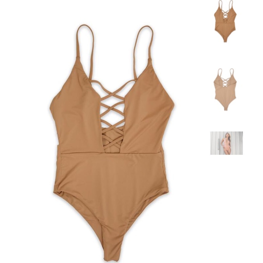 Caged Front Moderate Coverage One Piece Beige - Picture 2 of 4